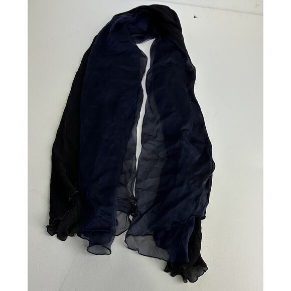 etro Italy 100% silk solid blue black crinkle Ruffle Hem scarf - Picture 3 of 16